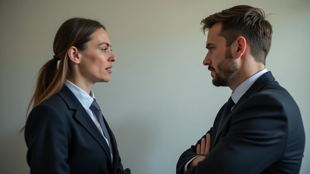 Dva lidé si mluví, jeden gestikuluje, druhý si drží ruce v klíně, viditelné tělesné napětí a nepohodlí